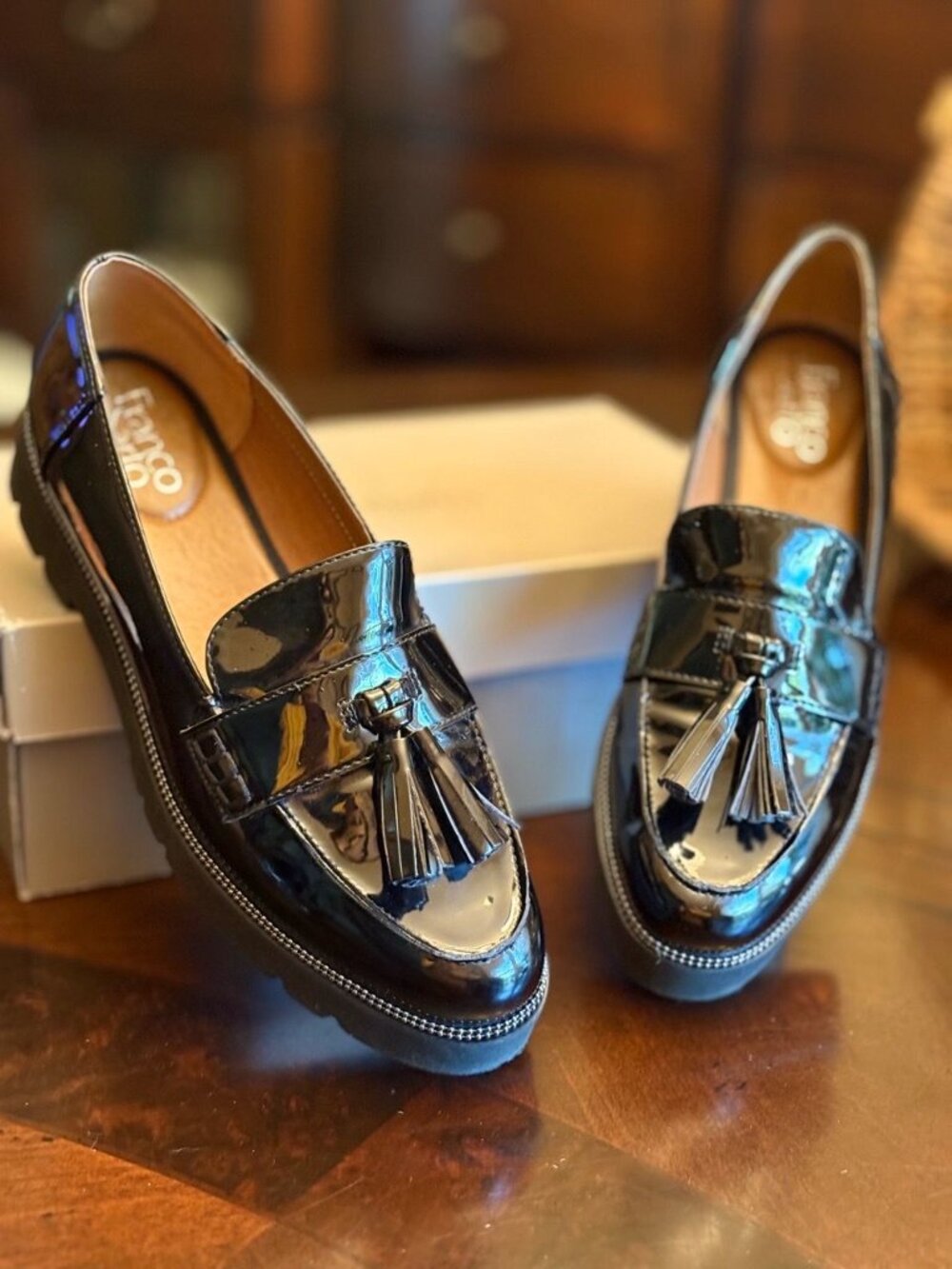 Franco Sarto Brody Black Patent Leather Tassel Loafers NIB Size 8M